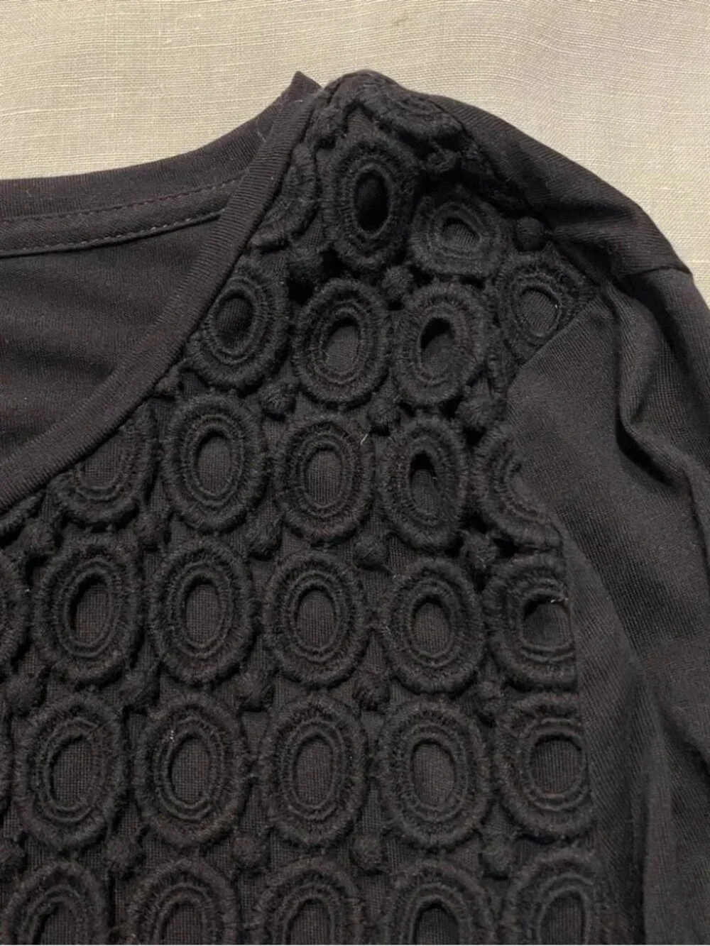 J. Crew black circle crochet lace layered tiered 3/4 sleeve cotton top